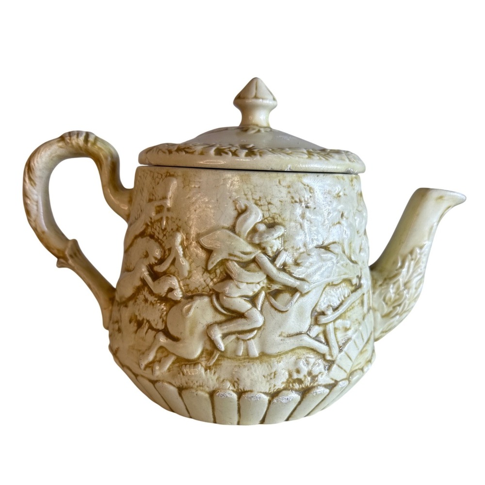 Vintage Relief Molded Ceramic Teapot Tavern Hunting Scene Cream Brown Glaze